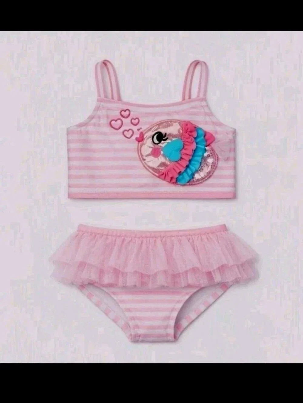 Flapdoodles Girls 2Pc Swim Set Tankini Embellished Fish Hearts & Tutu 3T UPF 50+